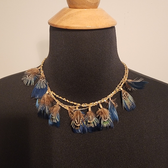 Jewelry - Multi Strand Gold and Blue Feather Necklace